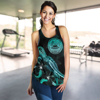 American Samoa Polynesian Women Tank Top - Turtle With Blooming Hibiscus Turquoise - Polynesian Pride