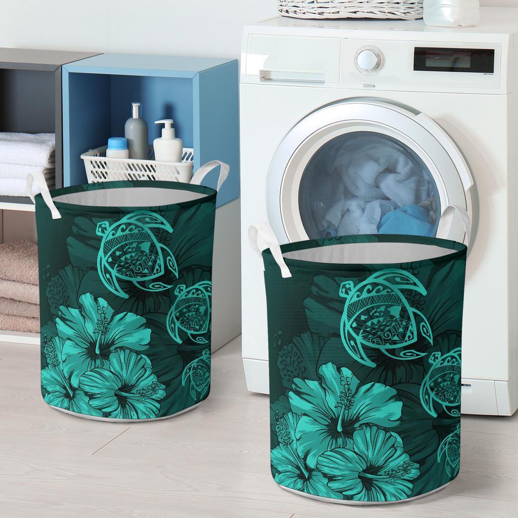 Hibiscus Turtles Hawaii Laundry Basket Turquoise AH - Polynesian Pride