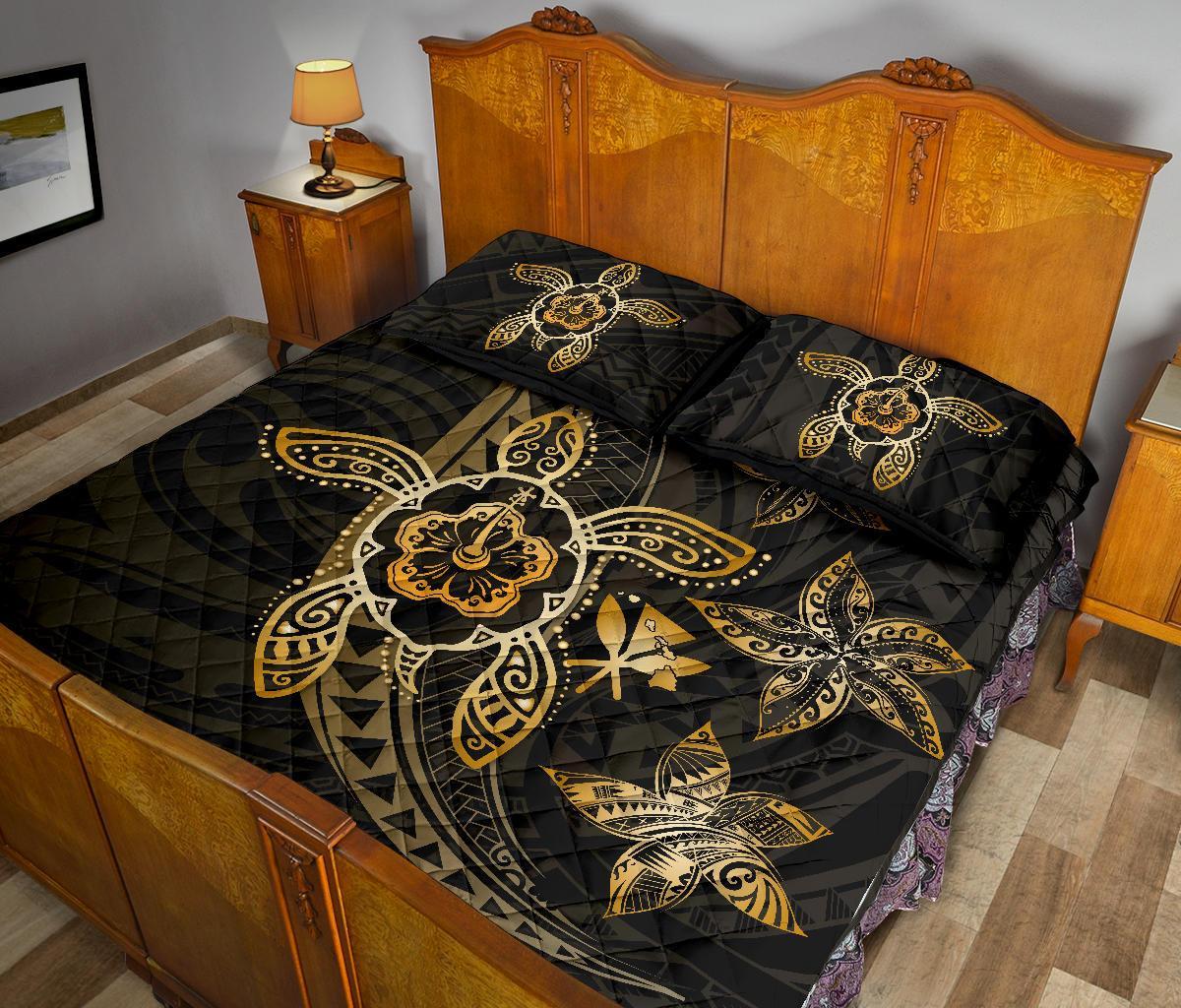 Kanaka Map Hibiscus Plumeria Turtle Art Gold Polynesian Quilt Bed Set - Polynesian Pride
