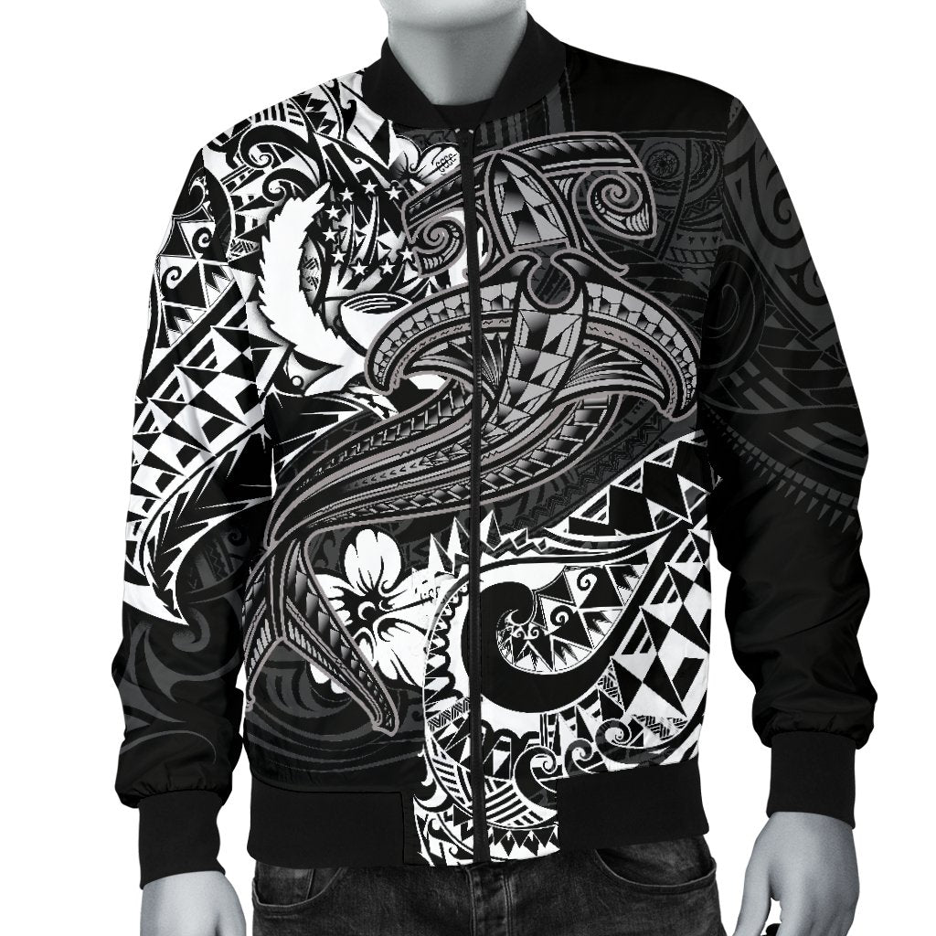 Pohnpei Men's Bomber Jacket - White Shark Polynesian Tattoo - Polynesian Pride