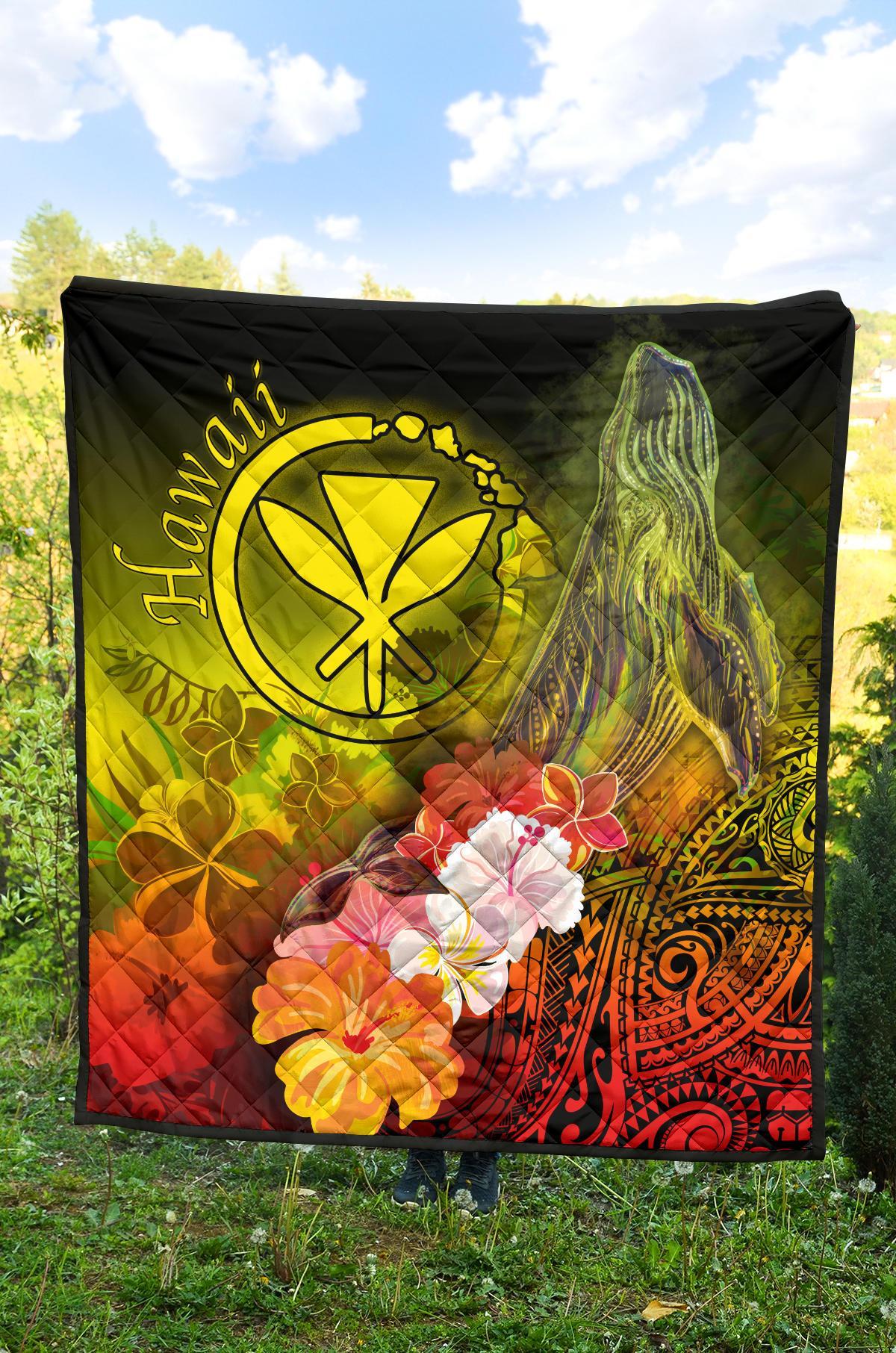 Polynesian Hawaii Premium Quilt - Kanaka Maoli Humpback Whale with Tropical Flowers (Yellow) - Polynesian Pride