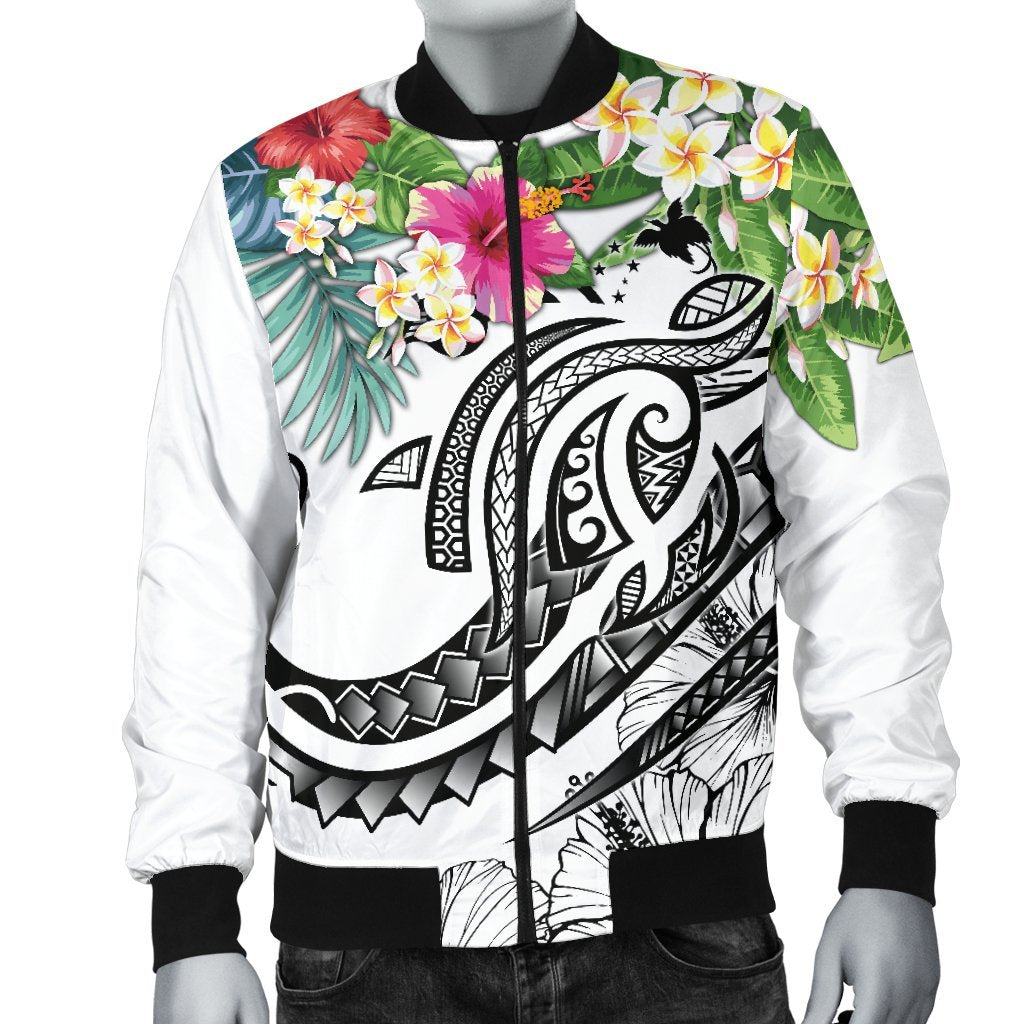 Papua New Guinea Polynesian Men's Bomber Jacket - Summer Plumeria (White) - Polynesian Pride