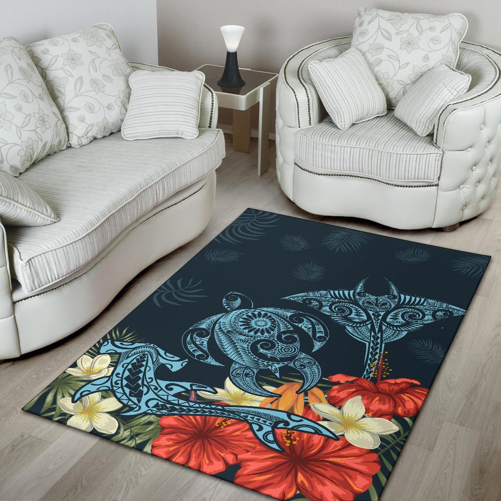 Hawaii Turtle Shark Manta Ray Hibiscus Plumeria Rug - Polynesian Pride
