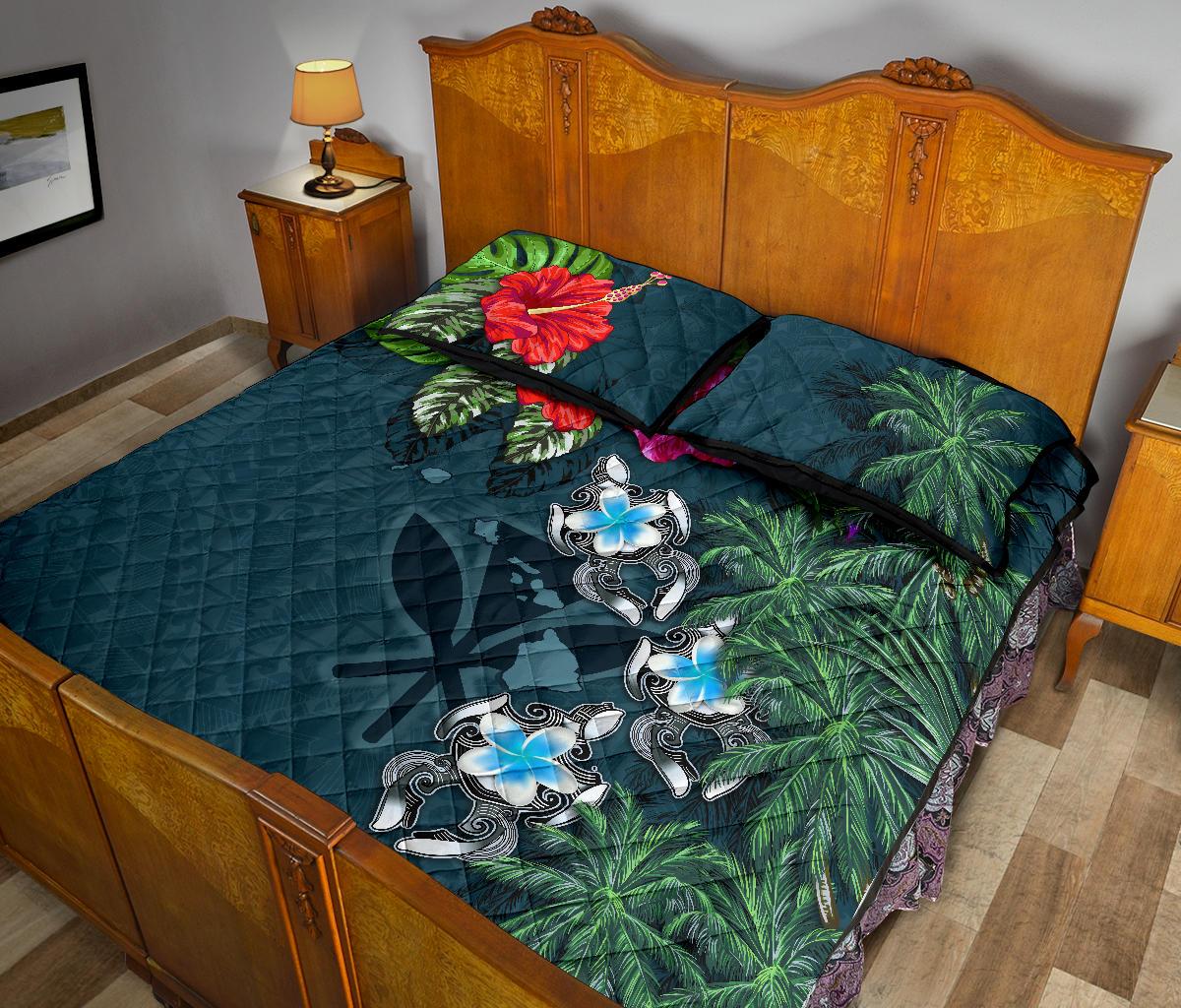 Kanaka Maoli (Hawaiian) Quilt Bed Set - Hibiscus Turtle Tattoo Blue - Polynesian Pride