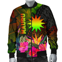 Nauru Polynesian Men's Bomber Jacket - Hibiscus and Banana Leaves - Polynesian Pride
