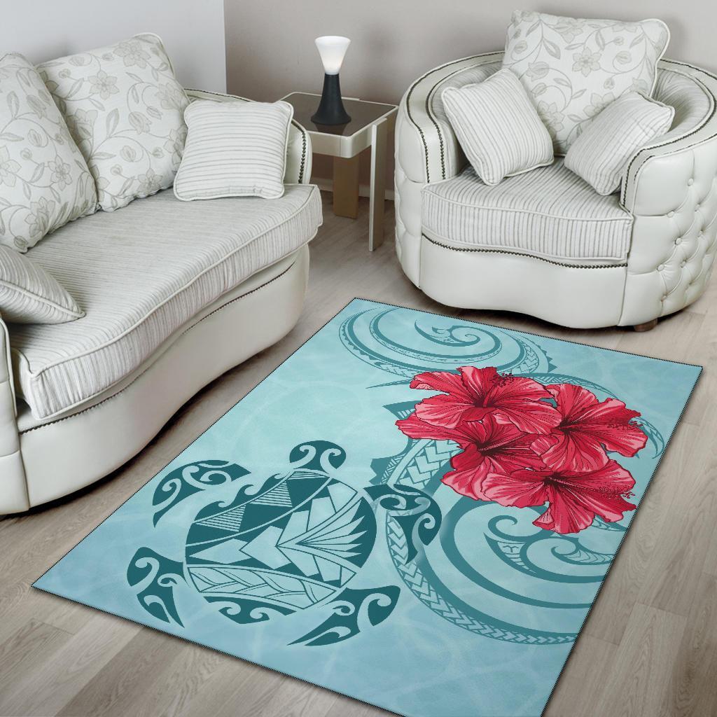 Hawaii Polynesian Turtle Hibiscus Blue Rug - Bless Style - Polynesian Pride