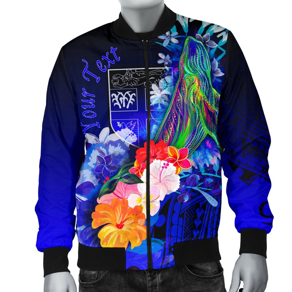 Fiji Custom Personalised Men's Bomber Jacket - Humpback Whale with Tropical Flowers (Blue) - Polynesian Pride