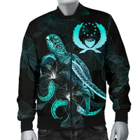 Pohnpei Polynesian Men's Bomber Jacket - Turtle With Blooming Hibiscus Turquoise - Polynesian Pride