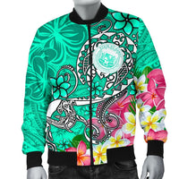 Hawaii Polynesian Men's Bomber Jacket - Hawaii Seal With Turtle Plumeria (Turquoise) - Polynesian Pride