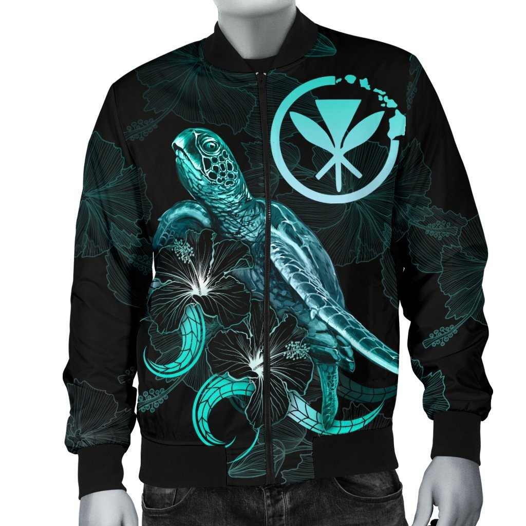 Hawaii Polynesian Men's Bomber Jacket - Turtle With Blooming Hibiscus Turquoise - Polynesian Pride
