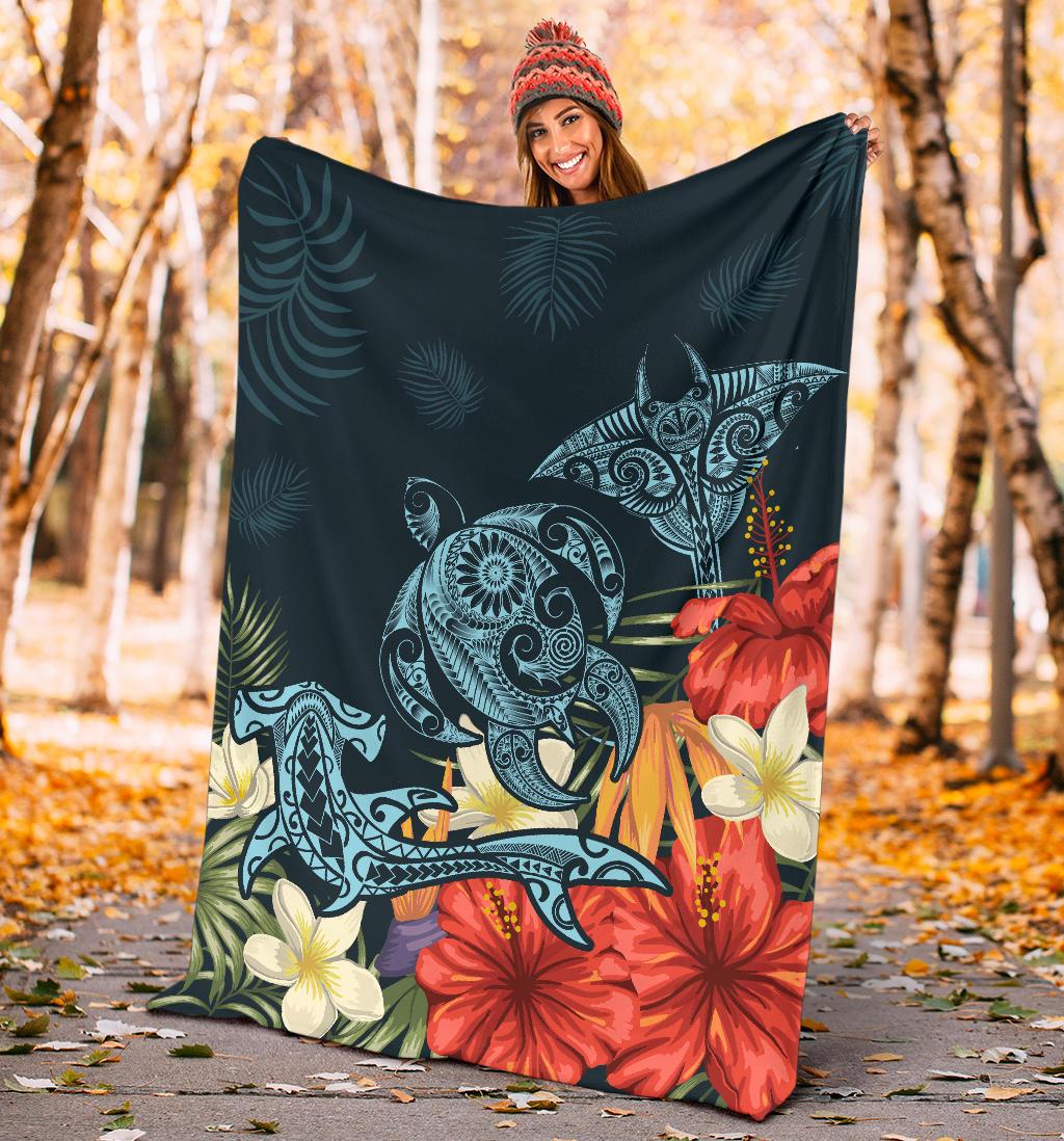 Hawaii Turtle Shark Manta Ray Hibiscus Plumeria Premium Blanket - Polynesian Pride