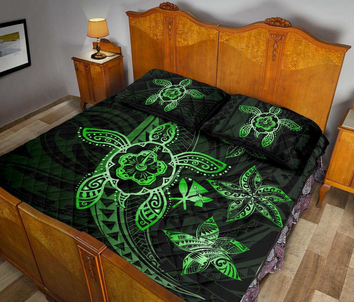 Kanaka Map Hibiscus Plumeria Turtle Art Green Polynesian Quilt Bed Set - Polynesian Pride