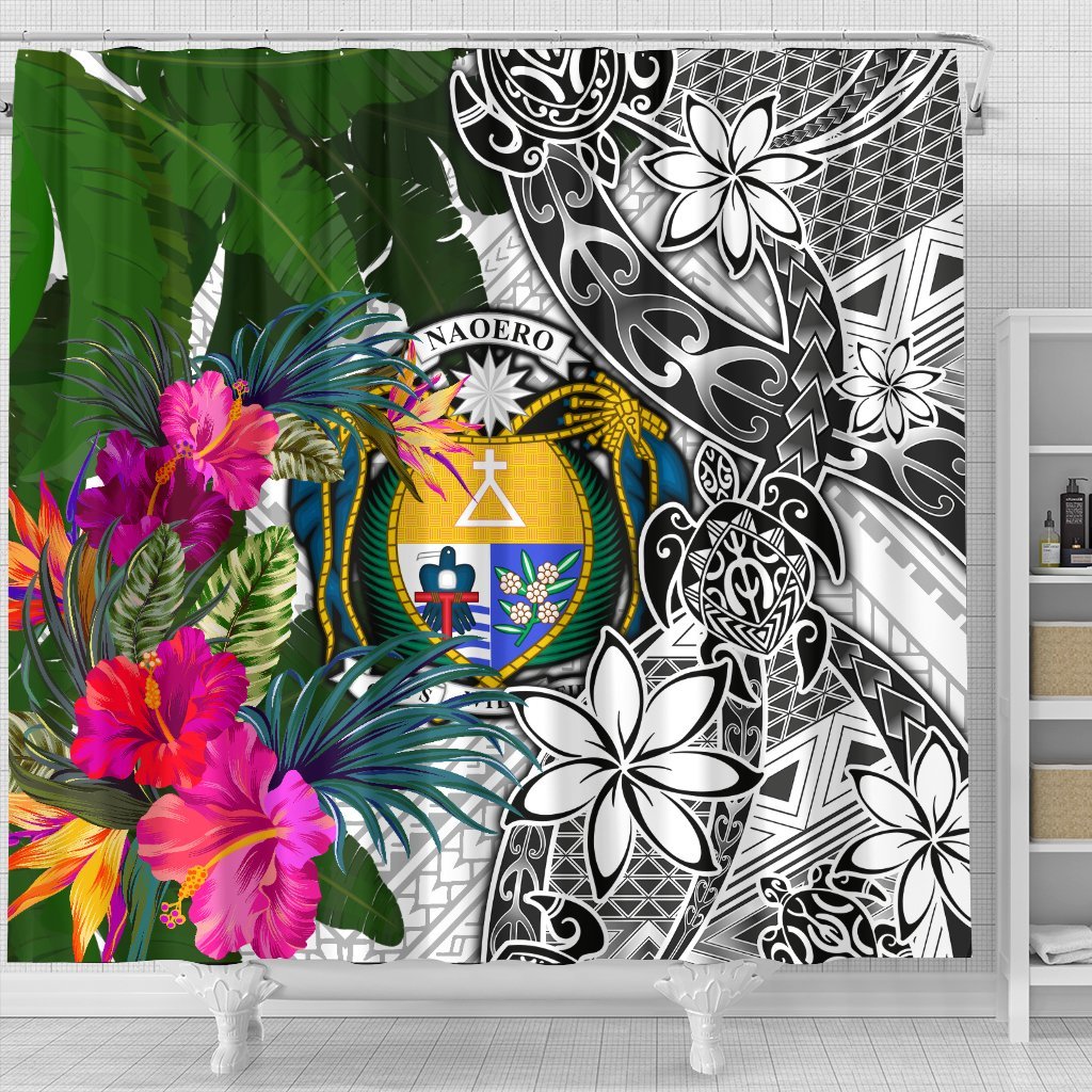 Nauru Shower Curtain White - Turtle Plumeria Banana Leaf Crest - Polynesian Pride