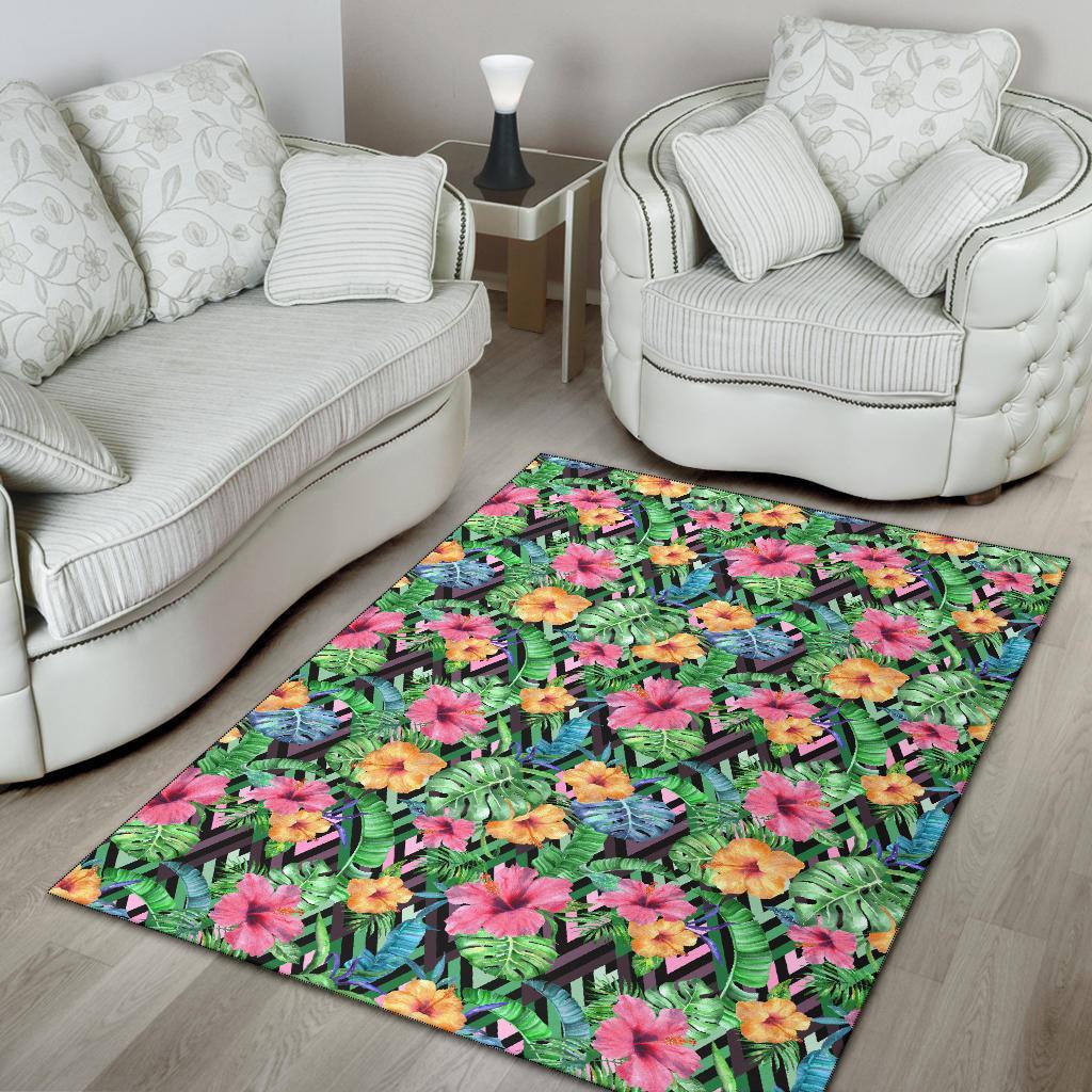 Tropical Hibiscus Banana Leafs Rug - Polynesian Pride