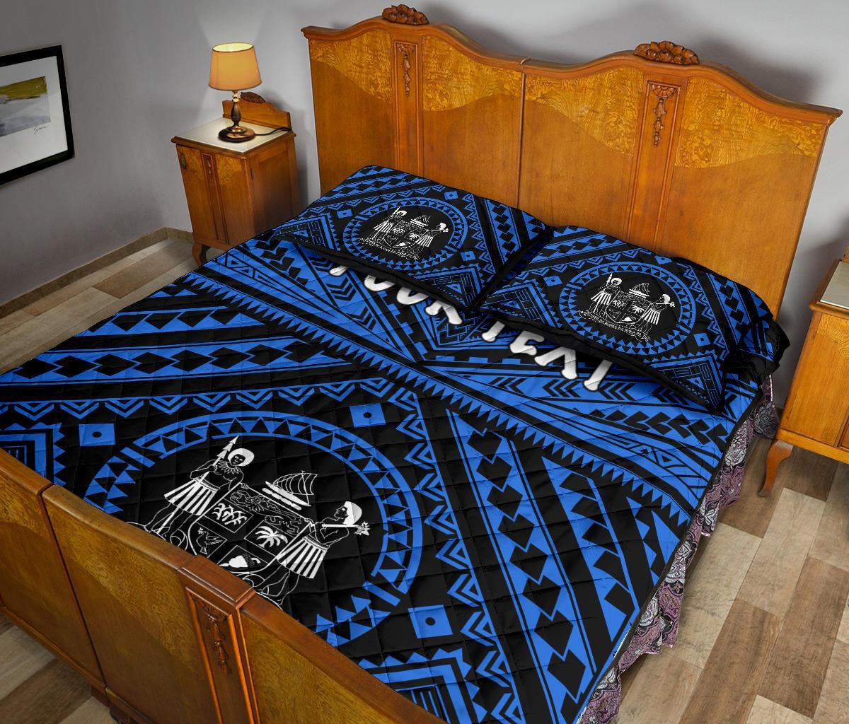 Fiji Personalised Quilt Bed Set - Fiji Seal With Polynesian Tattoo Style ( Blue) - Polynesian Pride