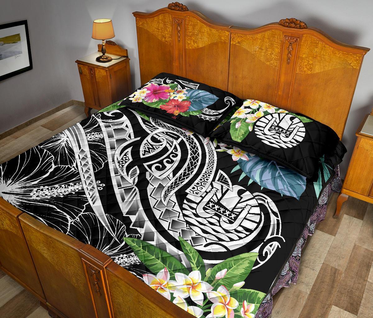 Tahiti Polynesian Quilt Bed Set - Summer Plumeria (Black) - Polynesian Pride