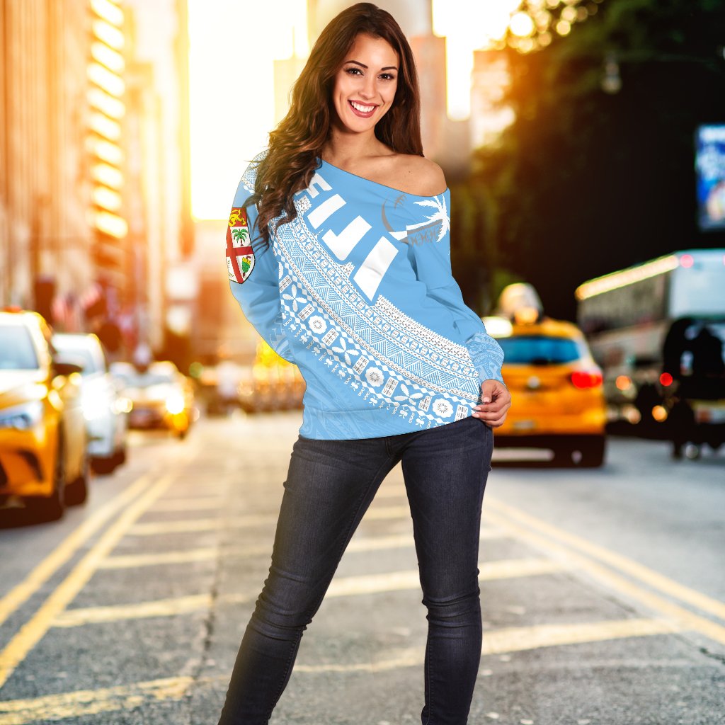 Fiji Tapa Rugby Women Off Shoulder Sweater version Style You Win - Blue - Polynesian Pride