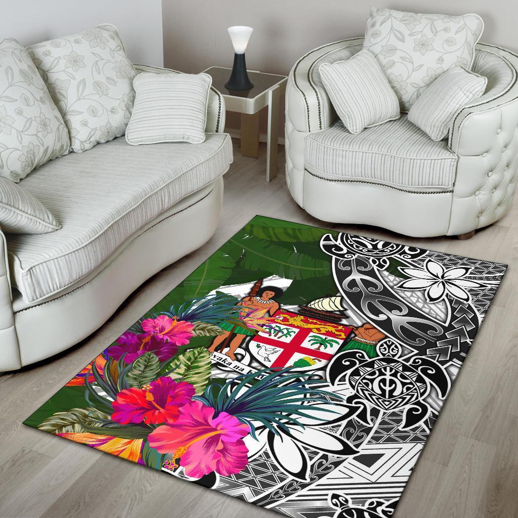 Fiji Area Rug White - Turtle Plumeria Banana Leaf Crest - Polynesian Pride