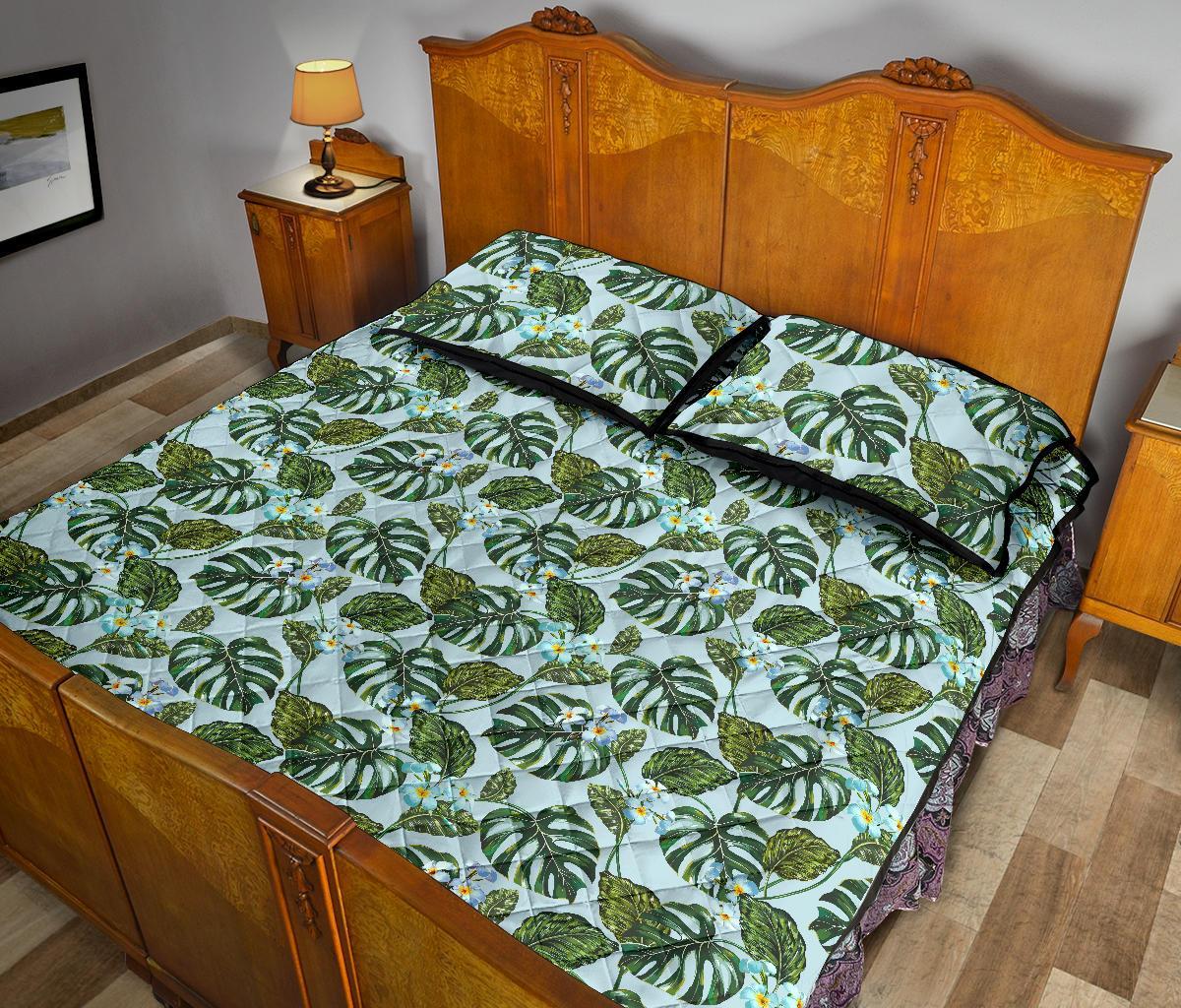 Tropical Flowers Monstera Leaf Quilt Bed Set - Polynesian Pride