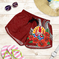 Tahiti Polynesian Women Shorts - Hibiscus Coat of Arm Red Women RED - Polynesian Pride
