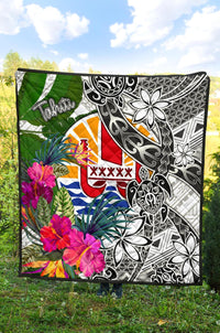Tahiti Premium Quilt White - Turtle Plumeria Banana Leaf - Polynesian Pride