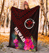Hawaii Premium Blanket - Kanaka Maoli With Hibiscus On Polynesian Patterns (RED) - Polynesian Pride