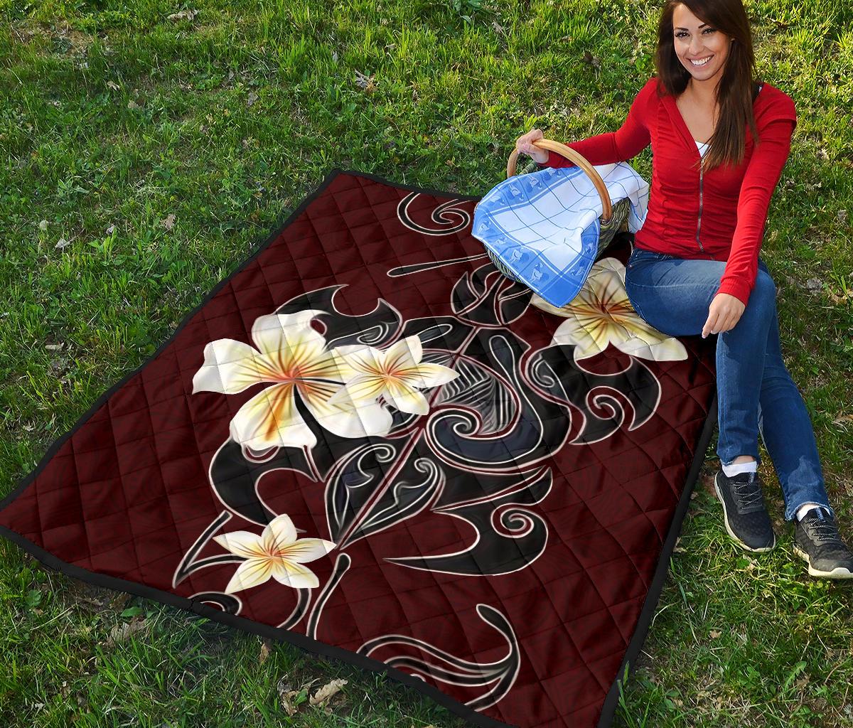 Turtle Poly Tribal Plumeria Red Premium Quilt - Polynesian Pride