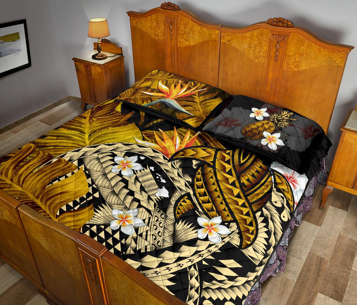 Kanaka Maoli (Hawaiian) Quilt Bed Set, Polynesian Pineapple Banana Leaves Turtle Tattoo Yellow - Polynesian Pride
