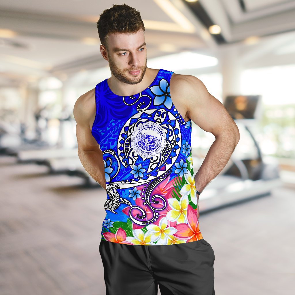 Hawaii Polynesian Men's Tank Top - Hawaii Seal With Turtle Plumeria (Blue) - Polynesian Pride