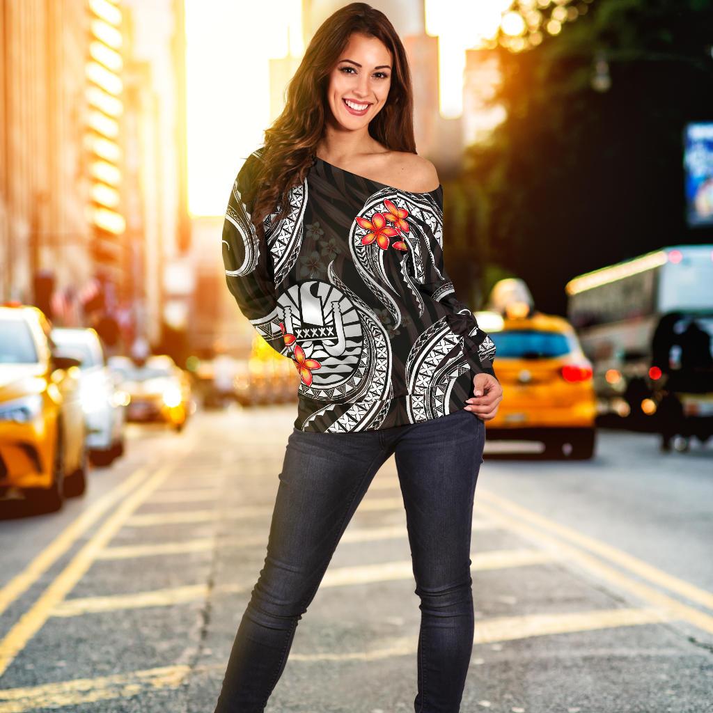 Tahiti Polynesian Off Shoulder Sweater - White Plumeria - Polynesian Pride