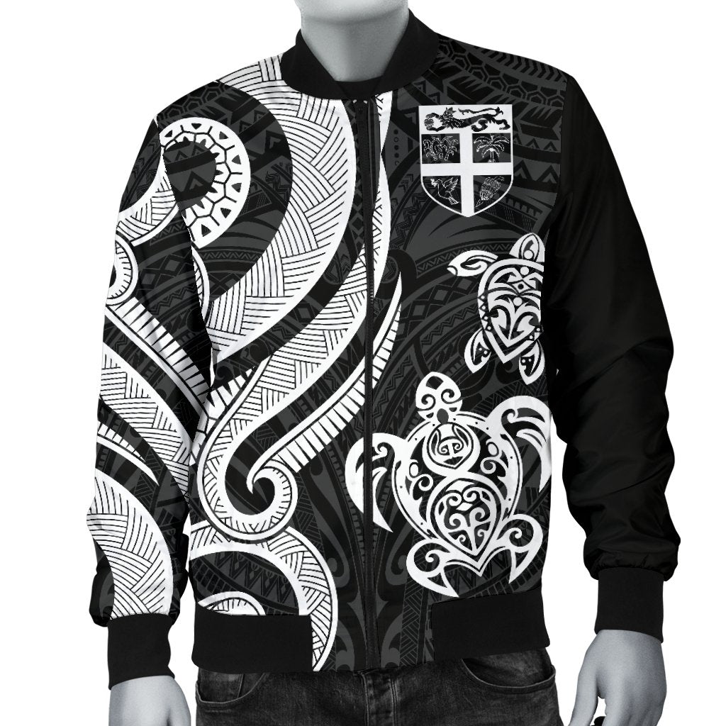 Fiji Polynesian Men Bomber Jacket - White Tentacle Turtle - Polynesian Pride