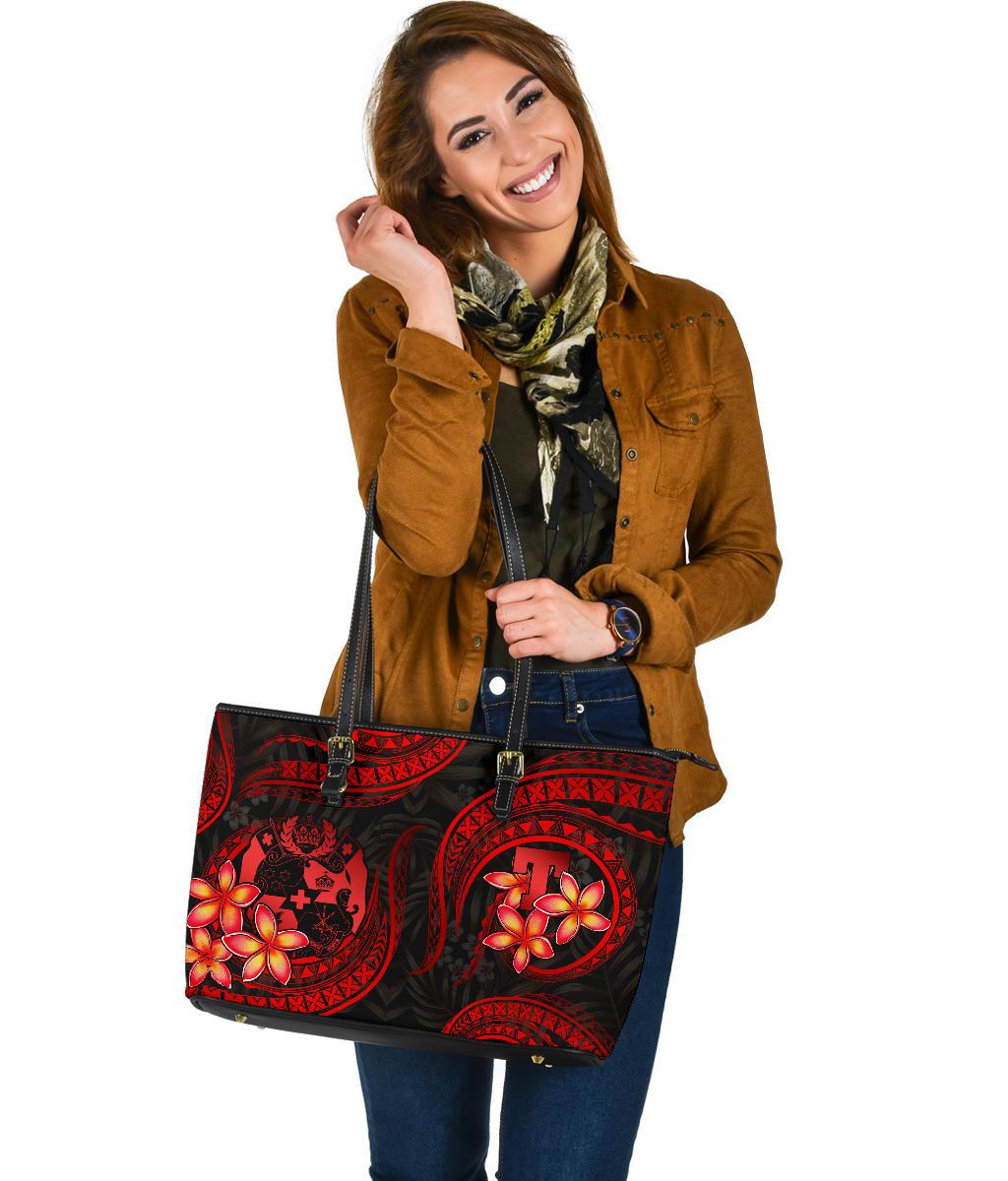 Tonga Polynesian Large Leather Tote Bag - Red Plumeria - Polynesian Pride