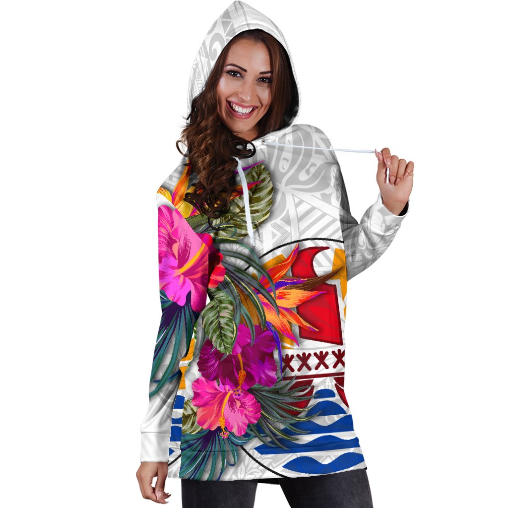 Tahiti Women's Hoodie Dress Polynesian Hibiscus White Pattern - Polynesian Pride