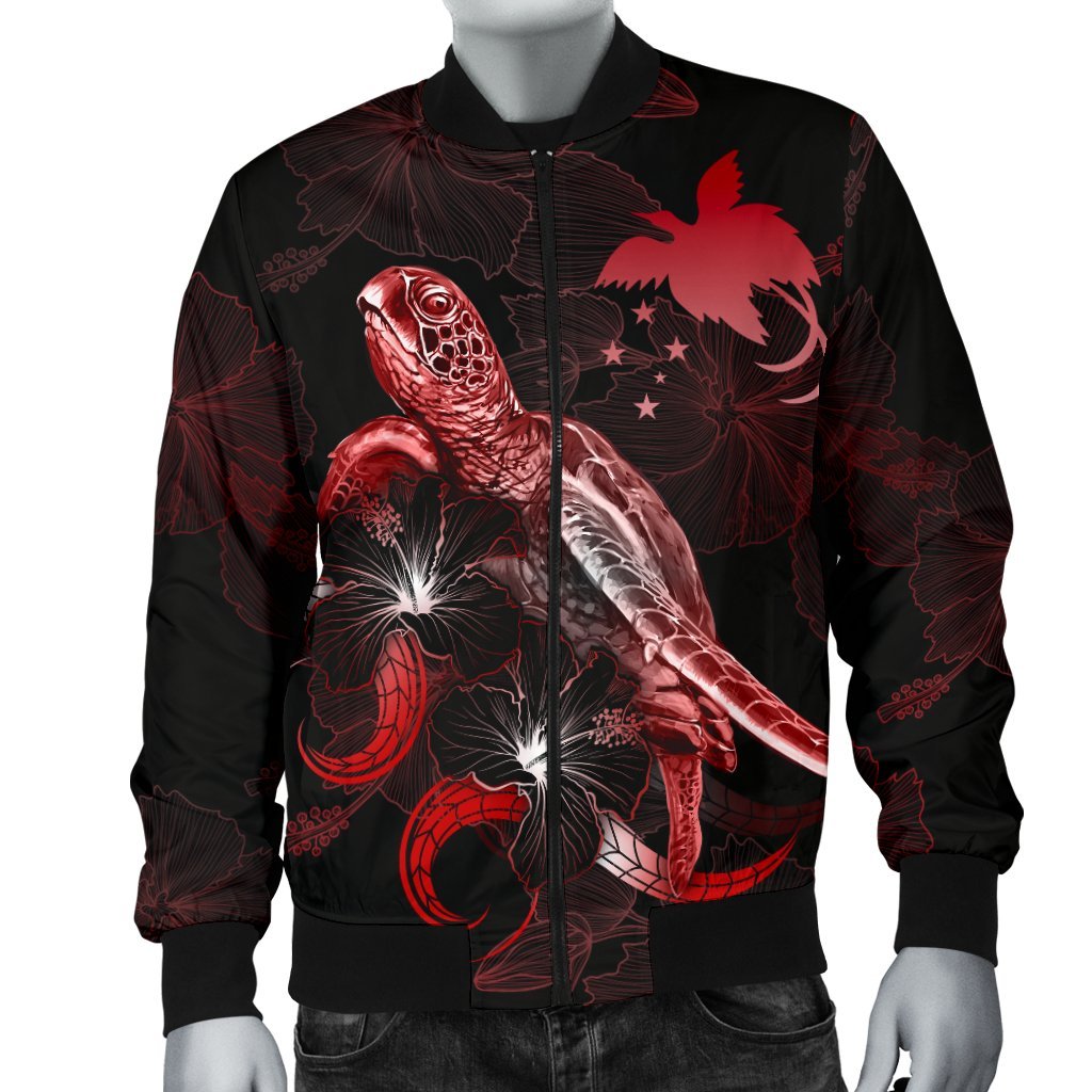 Papua New Guinea Polynesian Men's Bomber Jacket - Turtle With Blooming Hibiscus Red - Polynesian Pride
