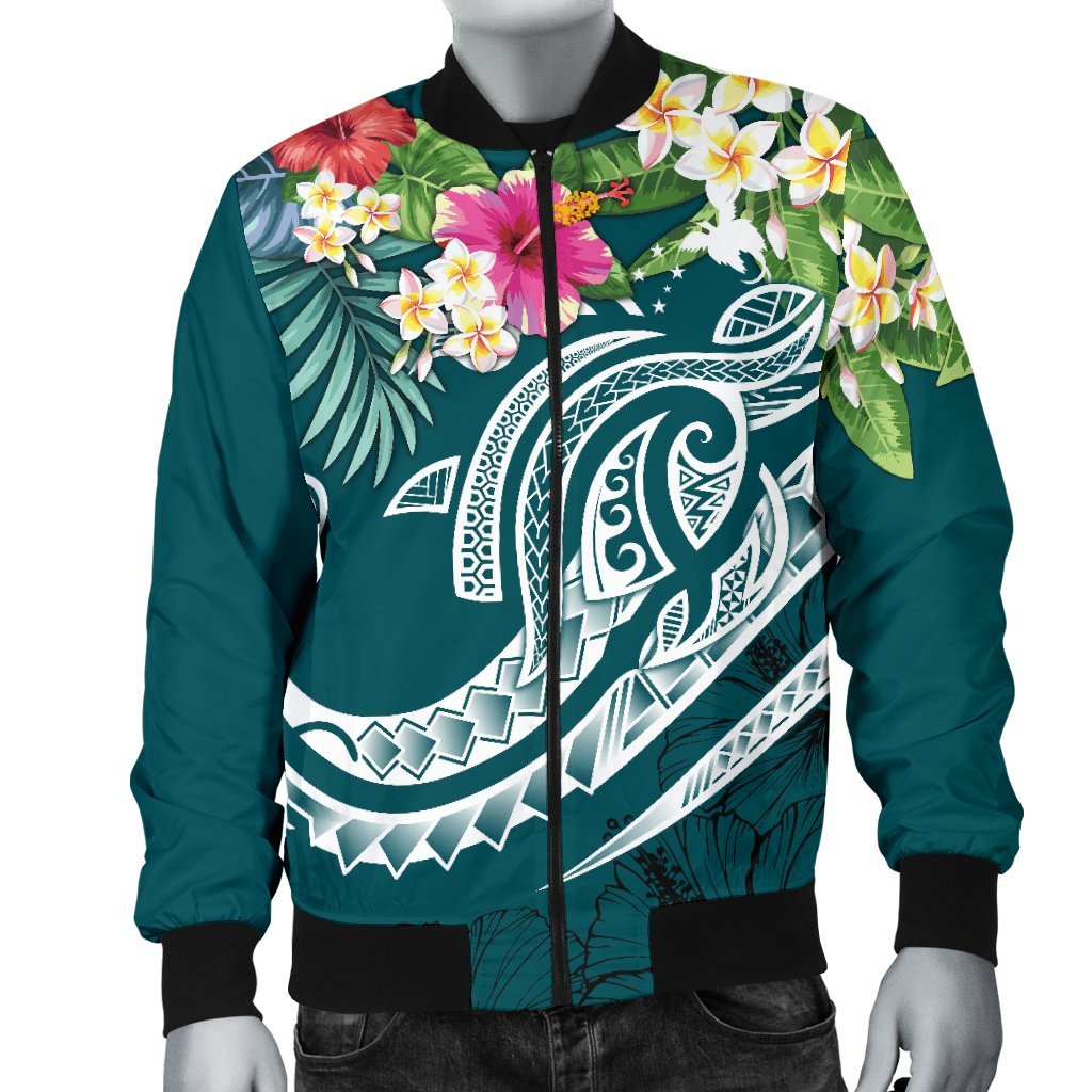 Papua New Guinea Polynesian Men's Bomber Jacket - Summer Plumeria (Turquoise) - Polynesian Pride