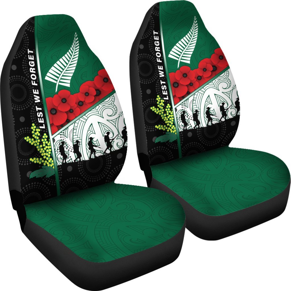 Anzac Day - Lest We Forget Car Seat Covers Australia Indigenous and New Zealand Maori Universal Fit Green - Polynesian Pride