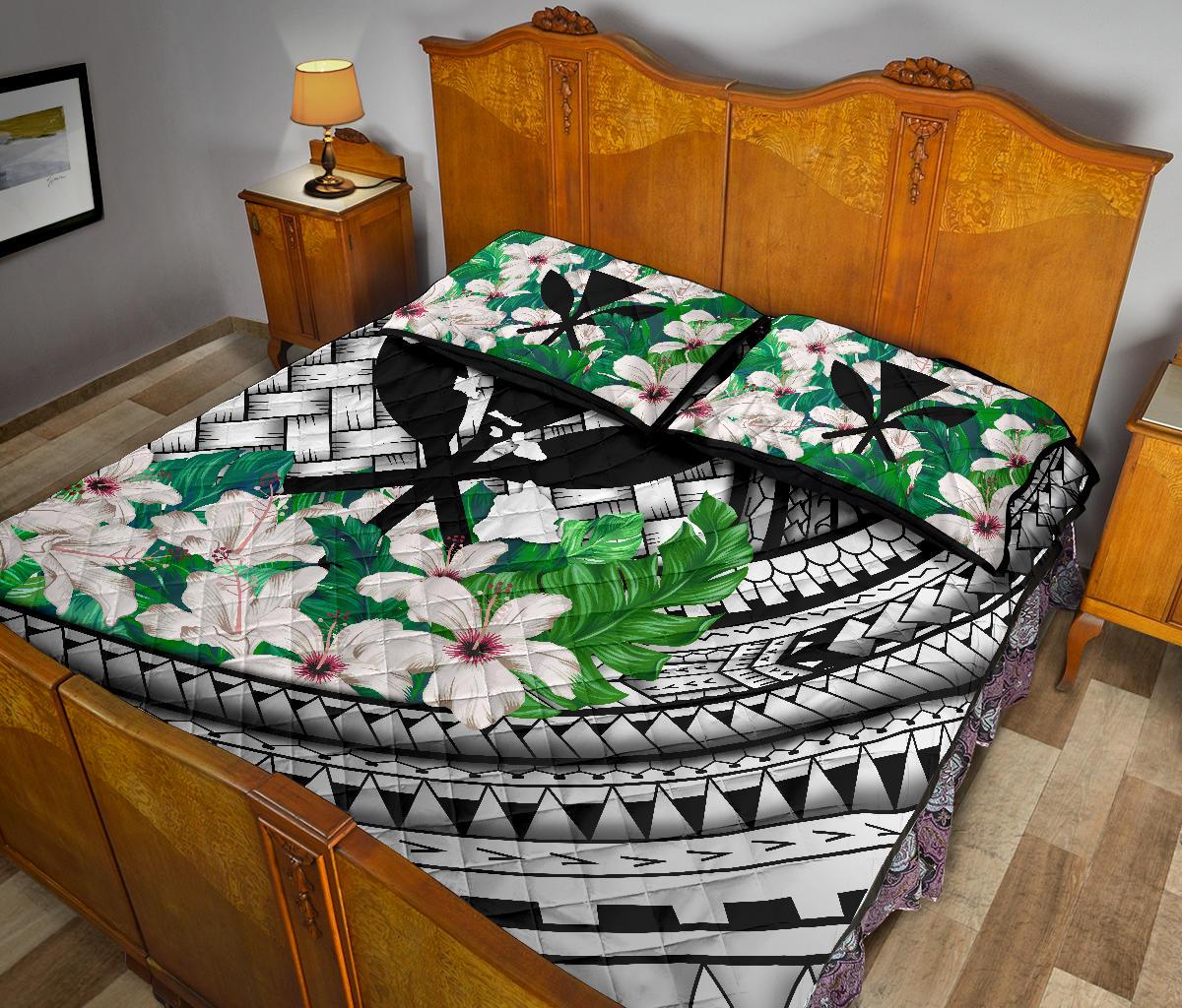 Kanaka Maoli (Hawaiian) - Quilt Bed Set Lauhala Polynesian Hibiscus Gray - Polynesian Pride