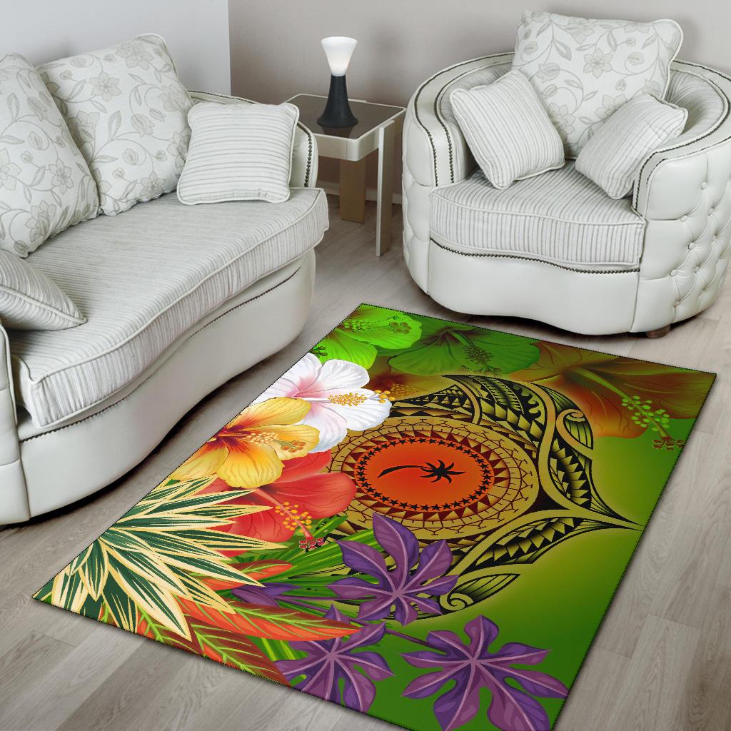 Chuuk Polynesian Area Rug - Manta Ray Tropical Flowers (Reggae) - Polynesian Pride