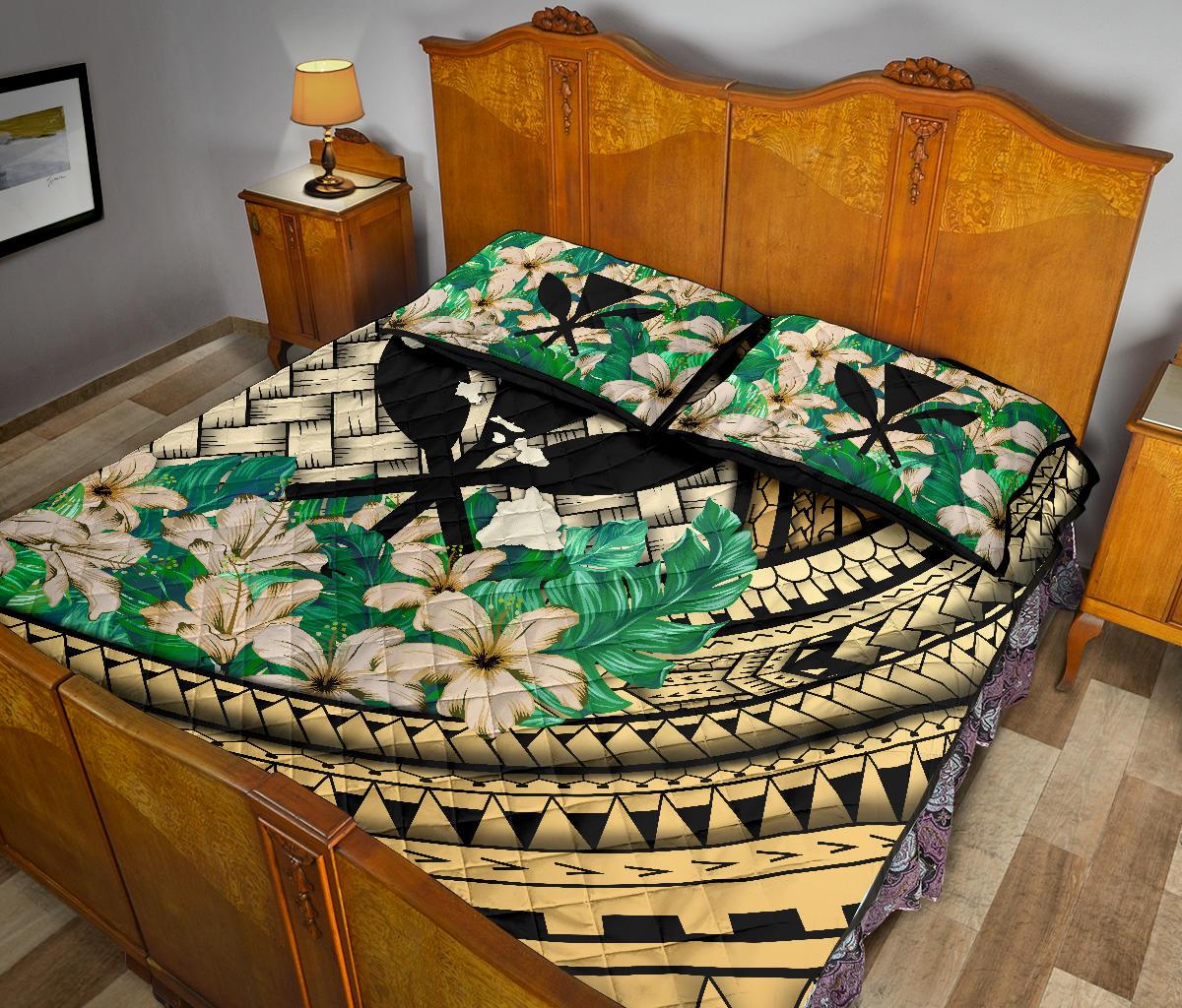 Kanaka Maoli (Hawaiian) - Quilt Bed Set Lauhala Polynesian Hibiscus Gold - Polynesian Pride
