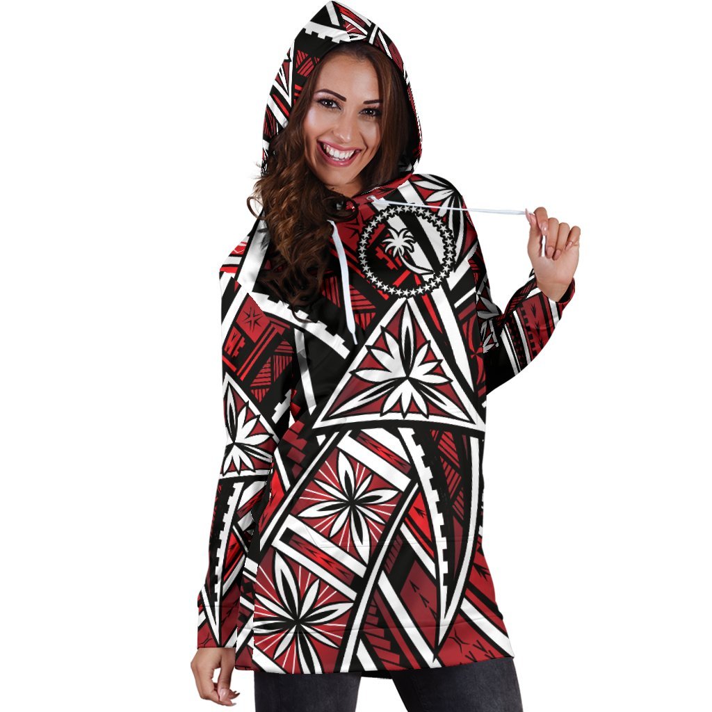 Chuuk Women Hoodie Dress - Tribal Flower Special Pattern Red Color - Polynesian Pride