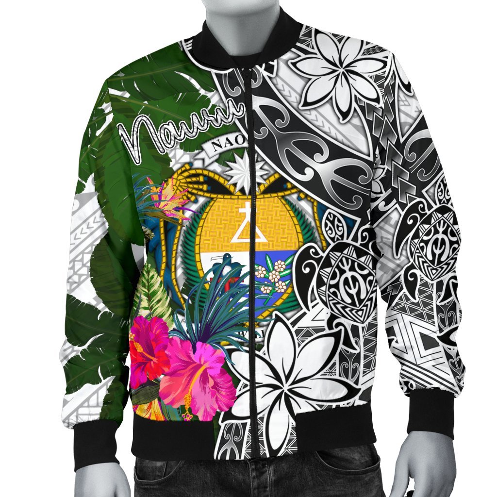 Nauru Men's Bomber Jacket White - Turtle Plumeria Banana Leaf Crest - Polynesian Pride