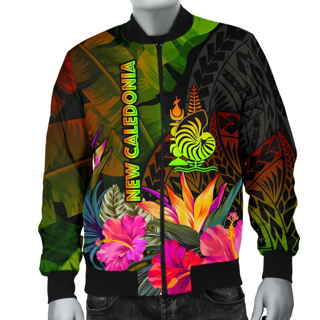 New Caledonia Polynesian Men's Bomber Jacket - Hibiscus and Banana Leaves - Polynesian Pride