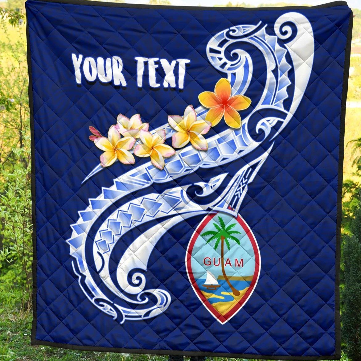 Guam Personalised Premium Quilt - Guam Seal Polynesian Patterns Plumeria (Blue) - Polynesian Pride