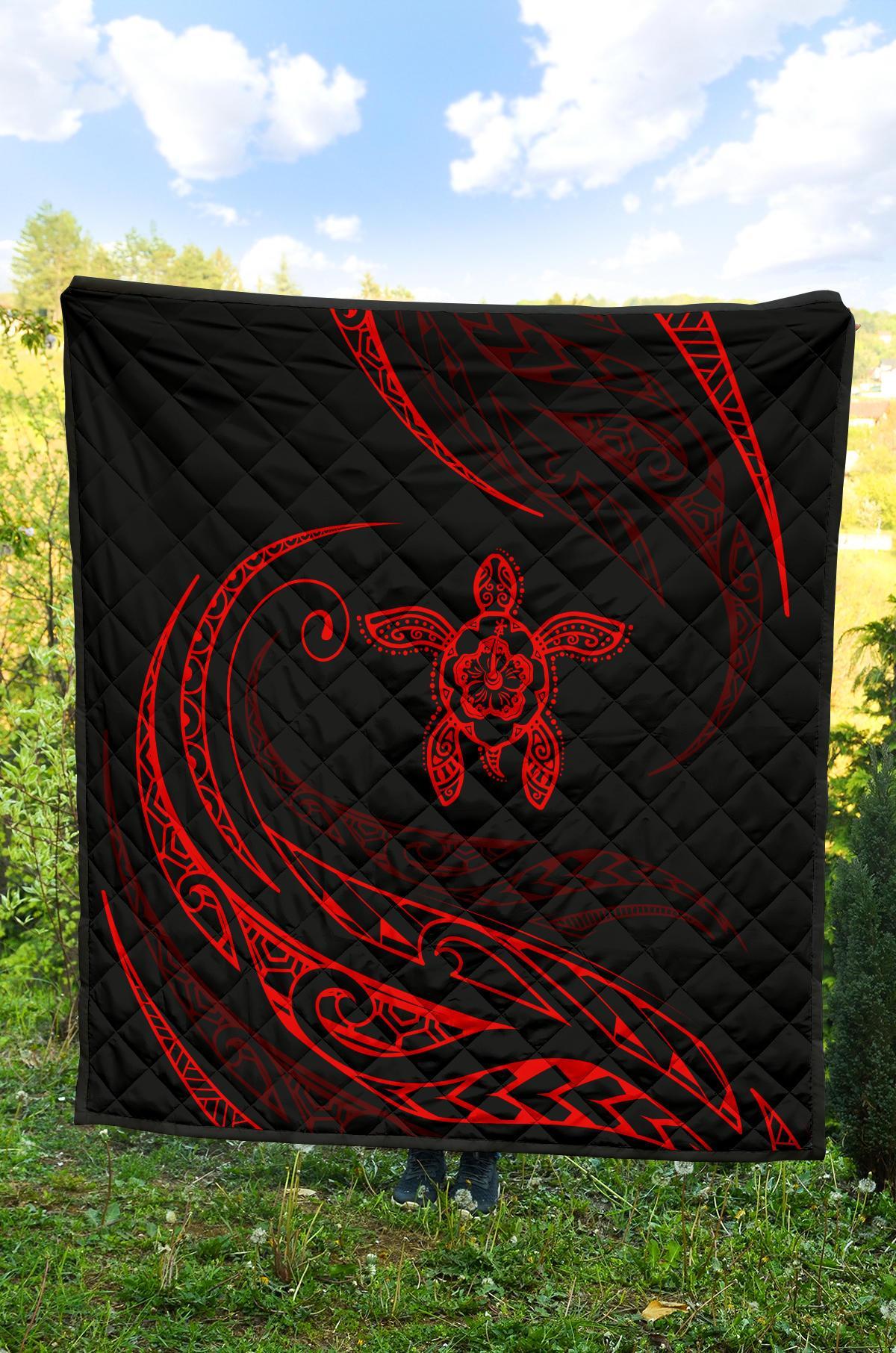Hawaii Turtle Hibicus Premium Quilt - Frida Style - Red - Polynesian Pride