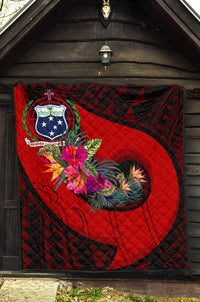 Samoa Premium Quilt - Polynesian Hook And Hibiscus (Red) - Polynesian Pride