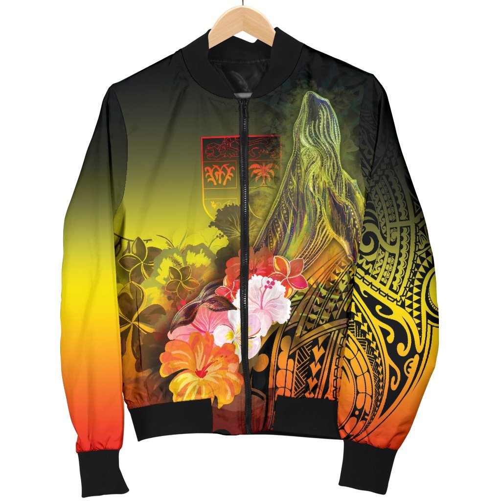 Fiji Men's Bomber Jacket - Humpback Whale with Tropical Flowers (Yellow) - Polynesian Pride