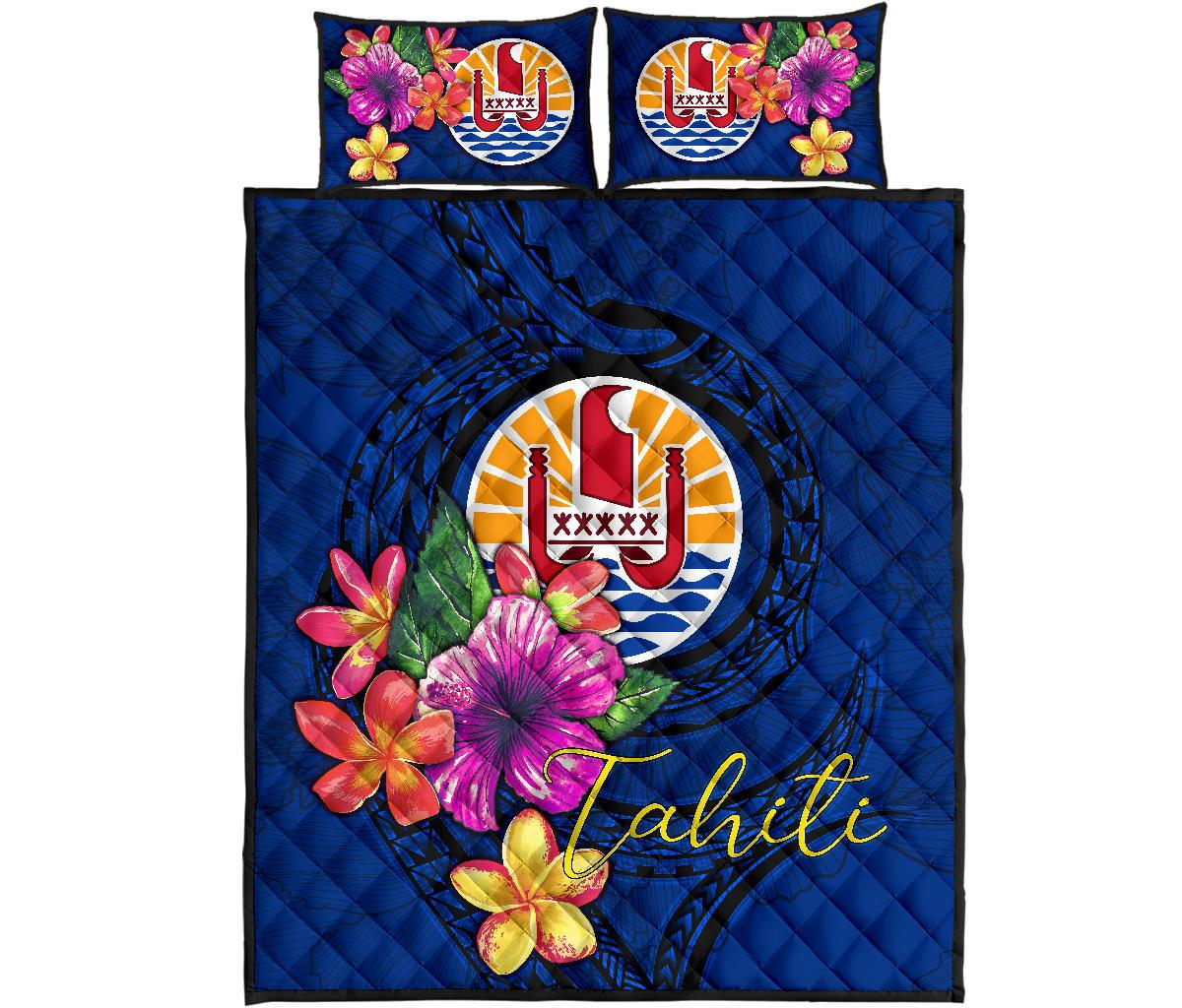 Tahiti Polynesian Quilt Bed Set - Floral With Seal Blue - Polynesian Pride