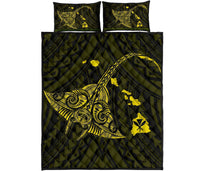Hawaii Manta Ray Map Polynesian Yellow Quilt Bed Set Yellow - Polynesian Pride