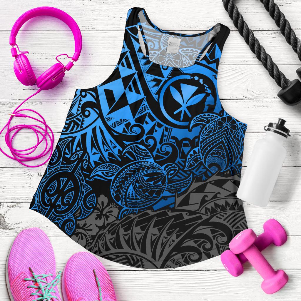 Polynesian Hawaii (Kanaka Maoli) Women's Racerback Tank - Blue Turtle Hibiscus Flowing Blue - Polynesian Pride