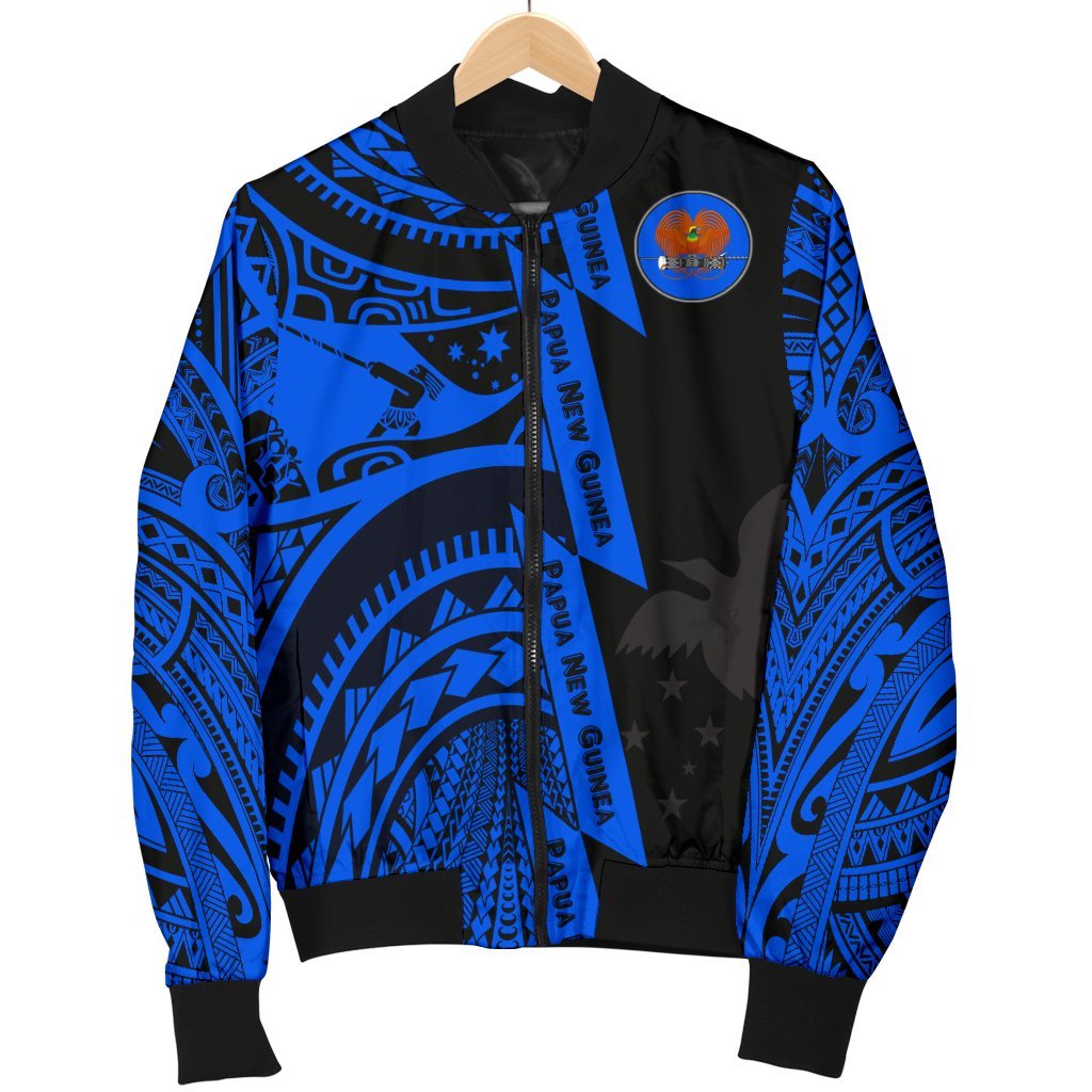Polynesian Guinea Men's Bomber Jacket - Moana Maui Tattoo With Coat Of Arm Guinea Blue - Polynesian Pride